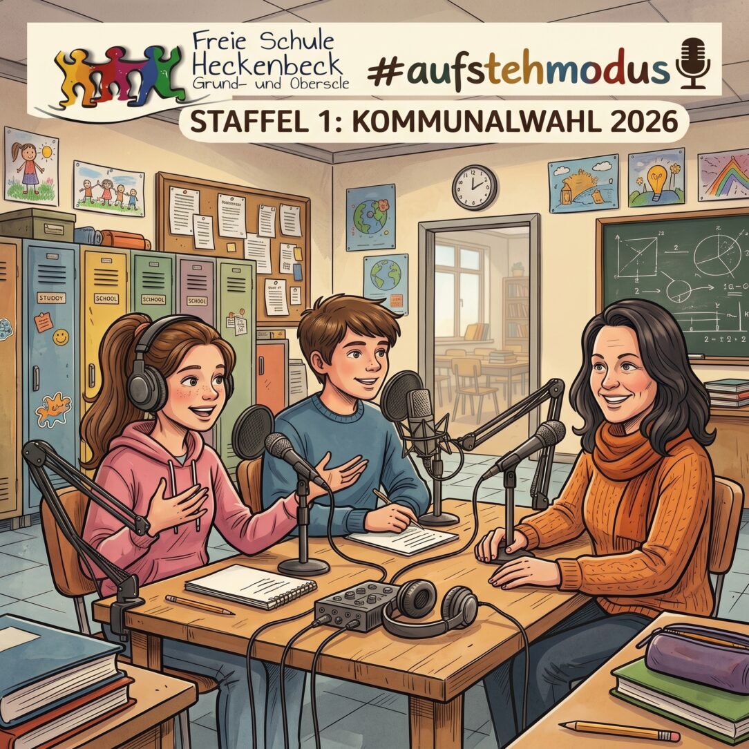 Eine farbenfrohe Illustration im Comic-Stil zeigt zwei Jugendliche und eine Frau, die in einem lebendig gestalteten Klassenzimmer für den Podcast „#aufstehmodus“ der Freien Schule Heckenbeck zur „Staffel 1: Kommunalwahl 2026“ interviewen und interviewt werden.