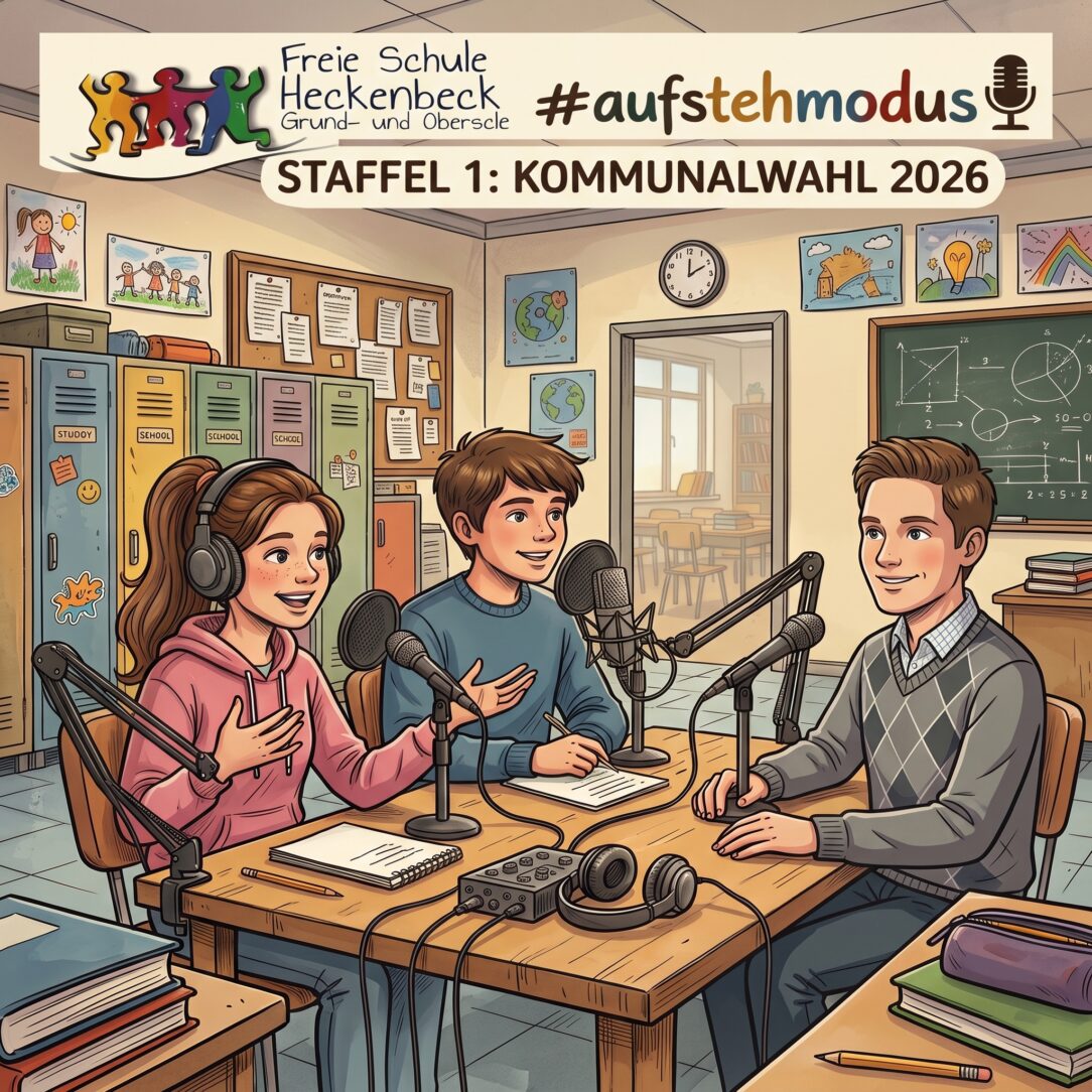 Eine farbenfrohe Illustration im Comic-Stil zeigt zwei Jugendliche und ein Mann, die in einem lebendig gestalteten Klassenzimmer für den Podcast „#aufstehmodus“ der Freien Schule Heckenbeck zur „Staffel 1: Kommunalwahl 2026“ interviewen und interviewt werden.
