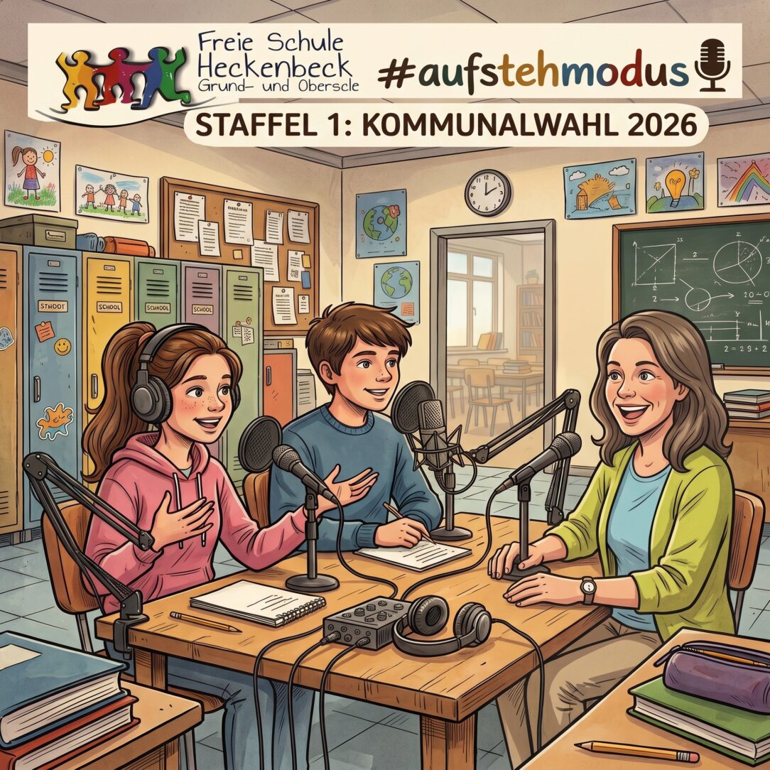Eine farbenfrohe Illustration im Comic-Stil zeigt zwei Jugendliche und eine Frau, die in einem lebendig gestalteten Klassenzimmer für den Podcast „#aufstehmodus“ der Freien Schule Heckenbeck zur „Staffel 1: Kommunalwahl 2026“ interviewen und interviewt werden.