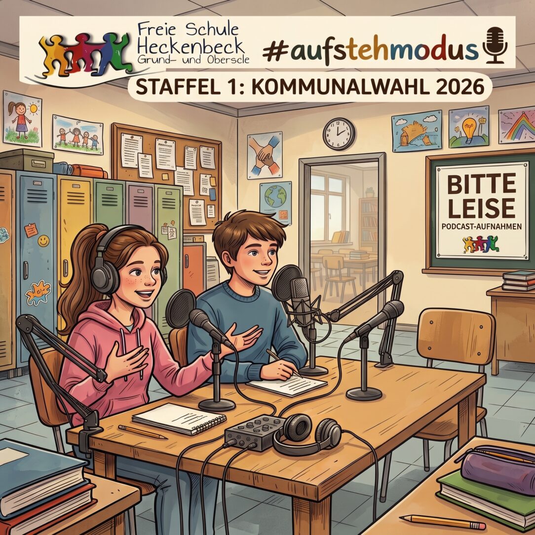 Eine farbenfrohe Illustration im Comic-Stil zeigt zwei Jugendliche, die in einem lebendig gestalteten Klassenzimmer für den Podcast „#aufstehmodus“ der Freien Schule Heckenbeck zur „Staffel 1: Kommunalwahl 2026“ interviewen werden.