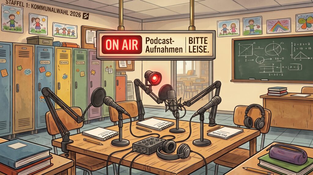 Eine detaillierte Comic-Illustration zeigt einen in einen Klassenraum integrierten Podcast-Aufnahmeplatz, an dem Mikrofone, Kopfhörer und Notizblöcke auf einem Holztisch unter einem leuchtenden „ON AIR“-Schild bereitstehen, während im Hintergrund Schließfächer und eine Tafel mit Kreidezeichnungen zu sehen sind.