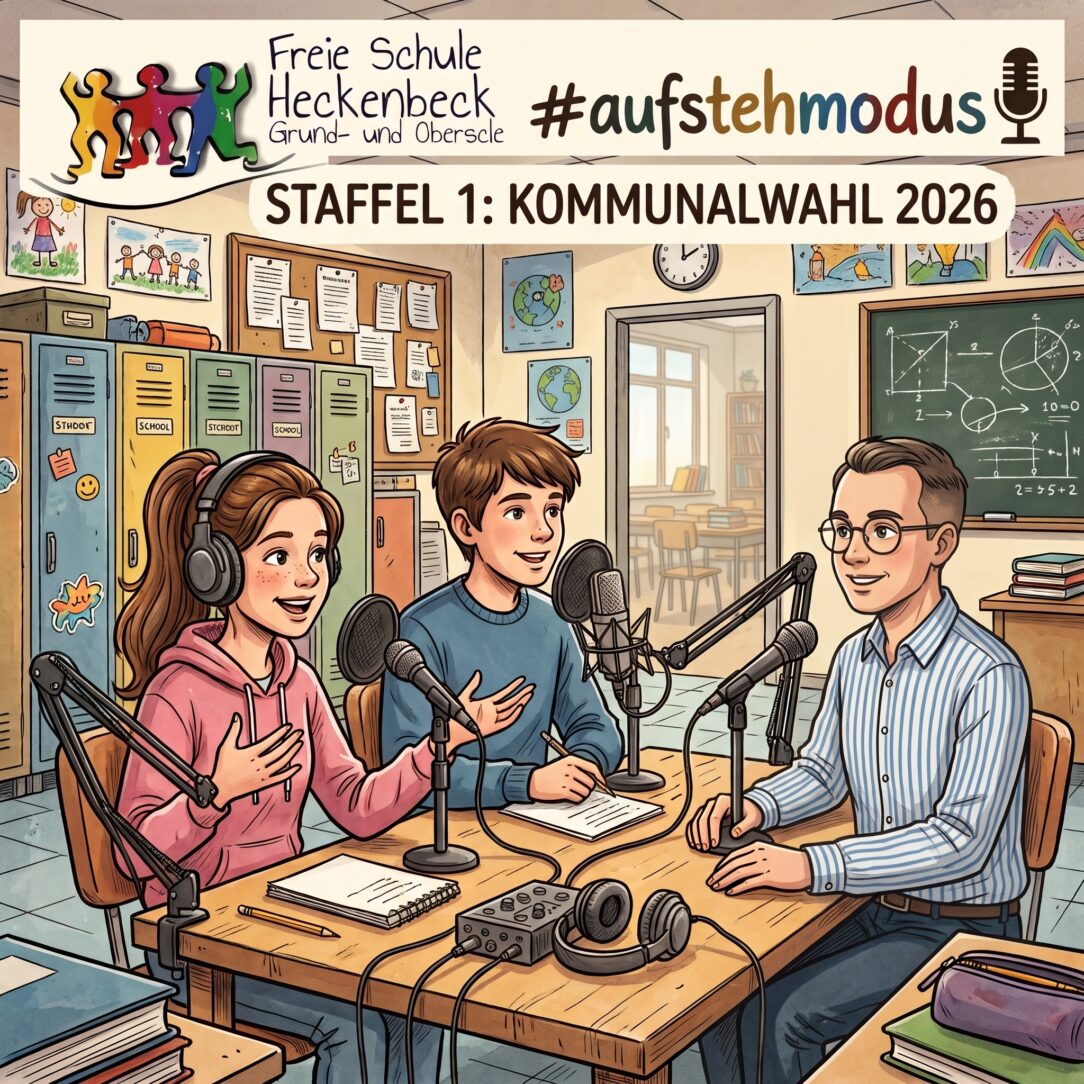Eine farbenfrohe Illustration im Comic-Stil zeigt zwei Jugendliche und ein Mann die in einem lebendig gestalteten Klassenzimmer für den Podcast „#aufstehmodus“ der Freien Schule Heckenbeck zur „Staffel 1: Kommunalwahl 2026“ interviewen und interviewt werden.